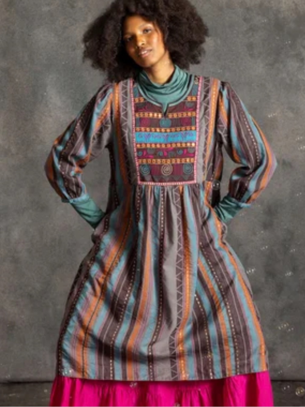 Gudrun Sjoden XL woven metallic cotton wool Embroidered Stripe kurta Dress